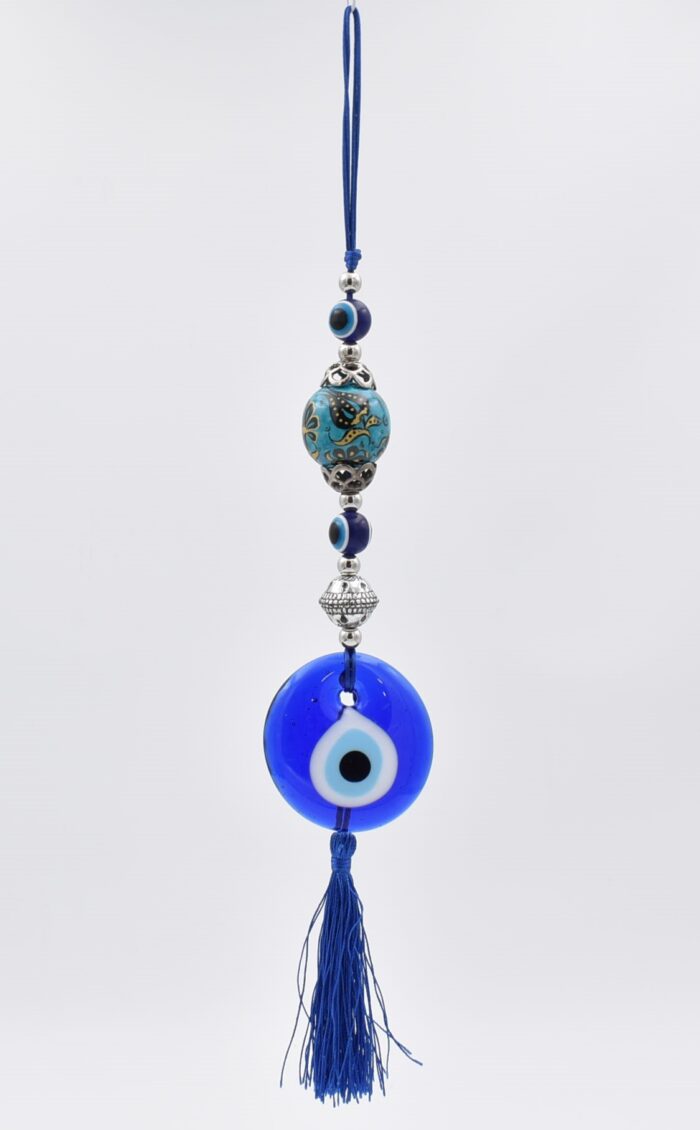 Μάτι Γούρι Κρεμαστό με  Θαλασσί - Πετρόλ  Κεραμική Μπίλια & Σκοινί - Image 3