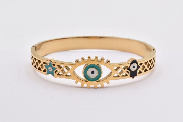 Ατσάλινο Βραχιόλι – Χειροπέδα Επιχρυσωμένη με Μάτι & Ποικιλία Στοιχείων - Image 94